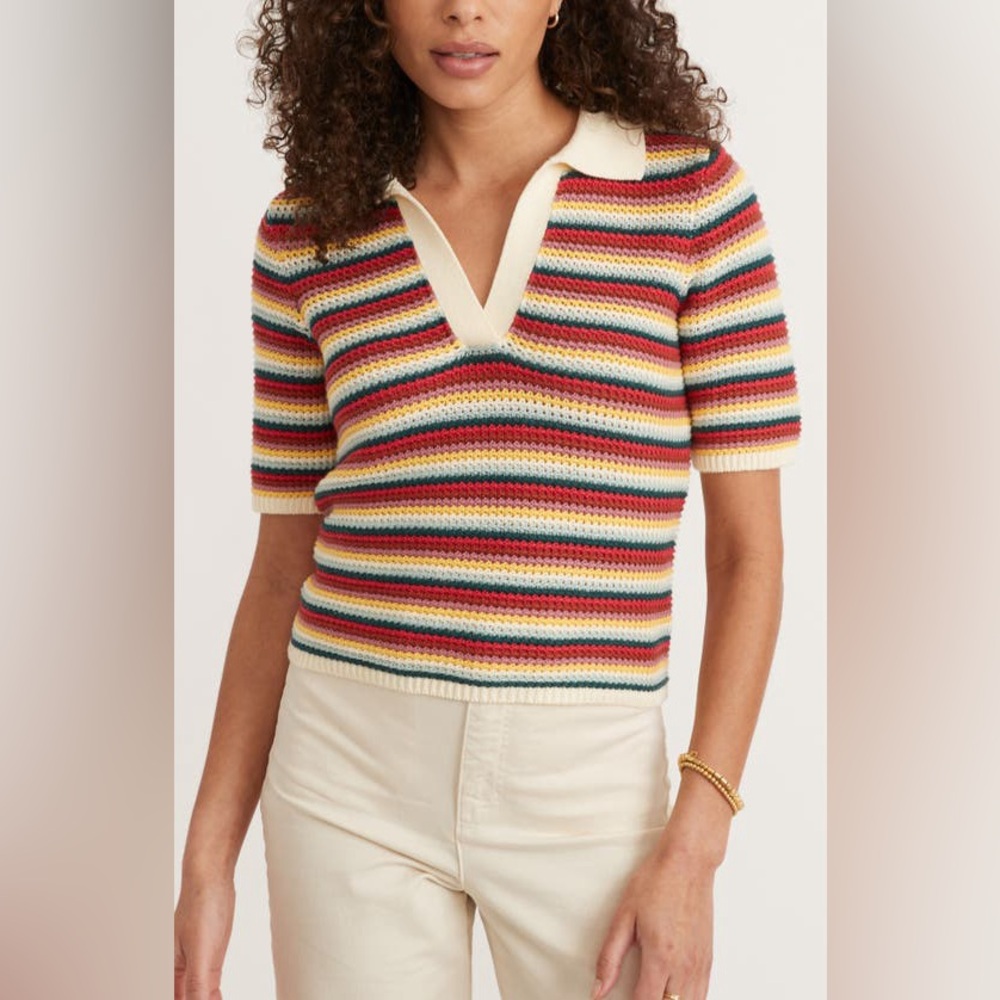 Marine Layer Striped V-Neck Polo Sweater in Cream, Red, Yellow, Green, Blue